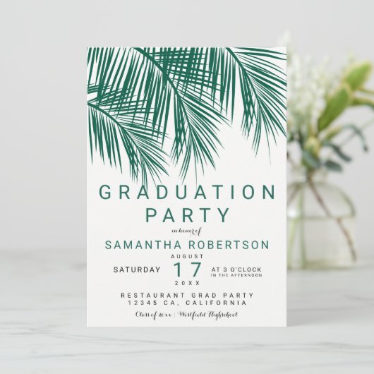 モダンな緑の草木のヤシの木のエレガントな卒業パーティー 招待状 (スタンド正面)