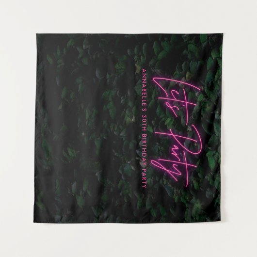 モダンな緑の葉とピンクの女の子のネオン Let's party タペストリー (正面(横))