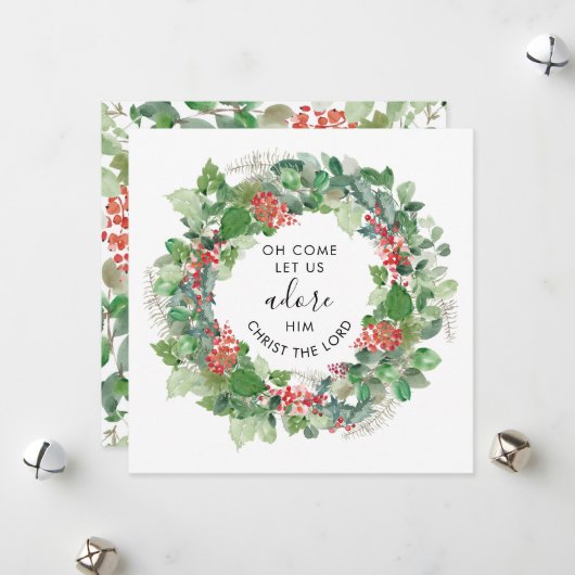 モダンな緑の装飾と共に、彼を崇めよう 宗教的なクリスマスカード シーズンカード (正面/裏面インサイチュ)