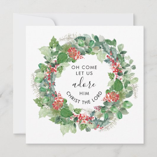 モダンな緑の装飾と共に、彼を崇めよう 宗教的なクリスマスカード シーズンカード (正面)