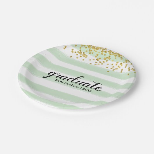 モダンな緑及び金ゴールドは卒業パーティーのプレートを縞で飾ります ペーパープレート (アングル)