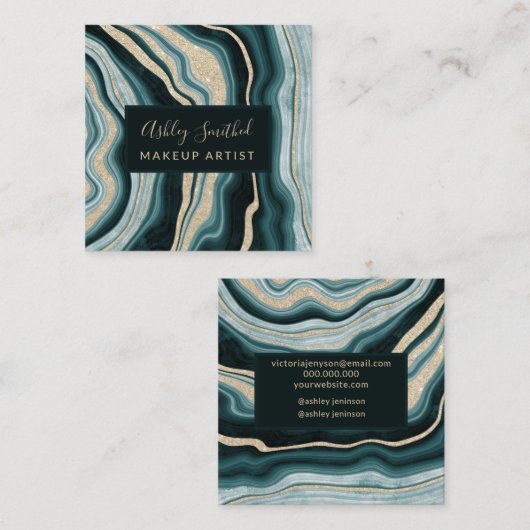 モダンな緑金ゴールドのグリッターの瑪瑙のシックな化粧の正方形 スクエア名刺 (正面/裏面)