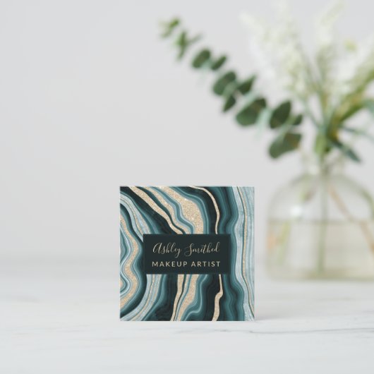 モダンな緑金ゴールドのグリッターの瑪瑙のシックな化粧の正方形 スクエア名刺 (スタンド正面)