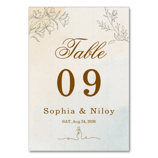 モダンな線画のミニマリスト 結婚式 テーブルナンバー (正面)