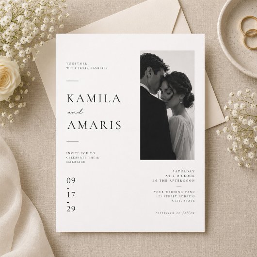モダンな編集風の結婚式 カップルのポートレート 招待状