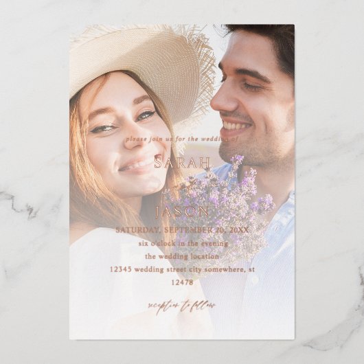 モダンな縦型の写真が7つ付いた結婚式 箔招待状 (正面)