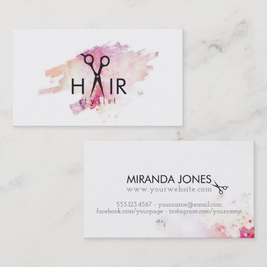 モダンな美容師のピンクの水彩画のペンキの（ばちゃばちゃ）跳ねる 名刺 (正面/裏面)