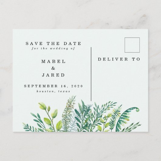 モダンな群葉の保存日付の郵便はがき 案内ポストカード (裏面)