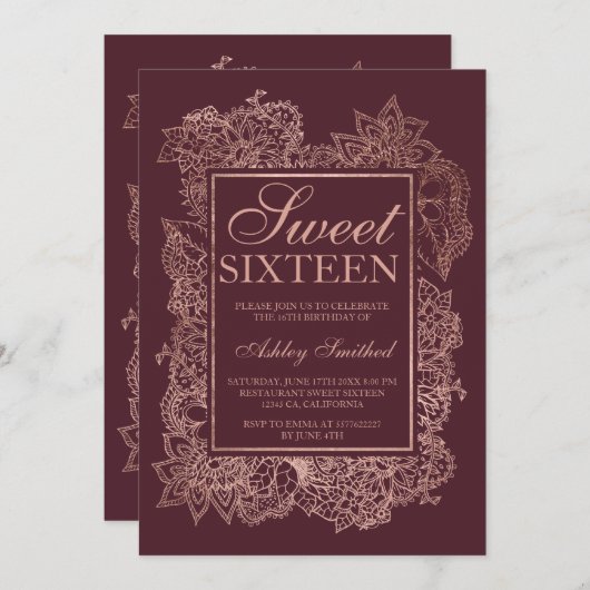 モダンな花ののどのばら色の金ゴールドのバーガンディの菓子16 招待状 (正面/裏面)