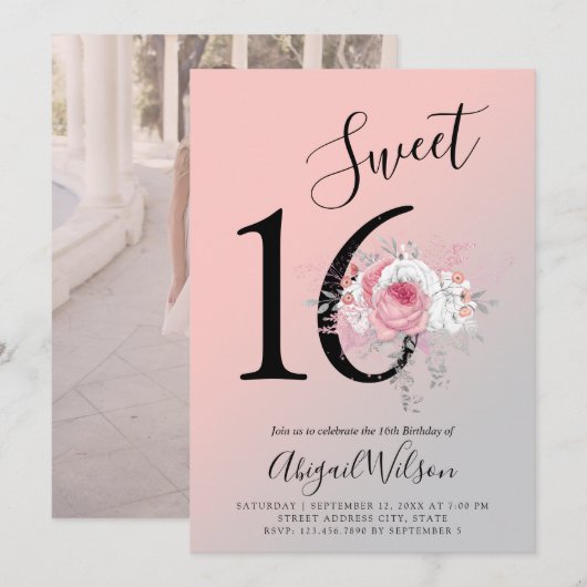 モダンな花のオンブレ スイート16の誕生日パーティー 招待状 (正面/裏面)