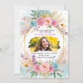 モダンな花のスクリプト おしゃれな写真が素敵な誕生日 招待状 (正面)