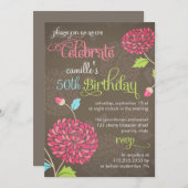 モダンな花のブラウン及びピンクのファンシーな誕生会 招待状 (正面/裏面)