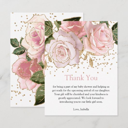 モダンな花のベビーガールシャワー感謝カード 招待状 (正面/裏面)