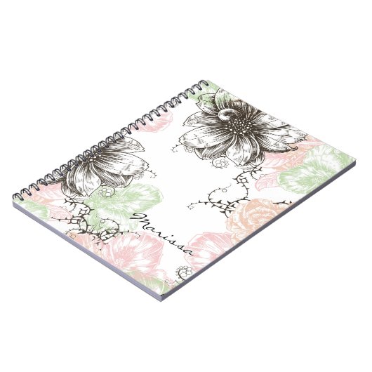 モダンな花のヴィンテージの写実的な花のピンクの黒 ノートブック (左側)