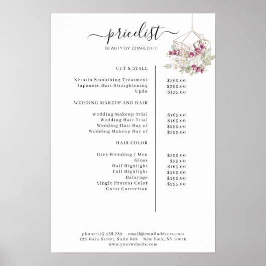 モダンな花の価格リストポスター ポスター (正面)