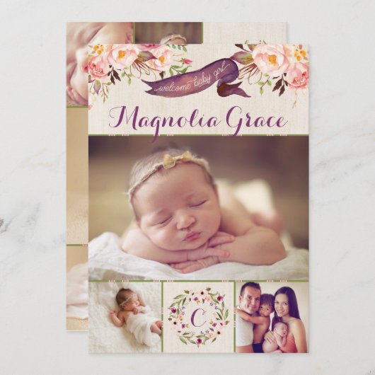 モダンな花の女の赤ちゃんの誕生の発表カード 案内状 (正面/裏面)