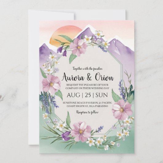 モダンな花の水彩山岳結婚式 招待状 (正面)