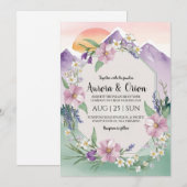 モダンな花の水彩山岳結婚式 招待状 (正面/裏面)