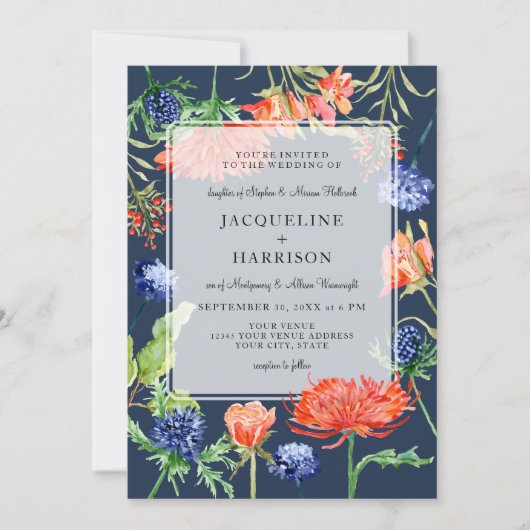 モダンな花の水彩画の夏海軍ミイラのアザミ 招待状 (正面)