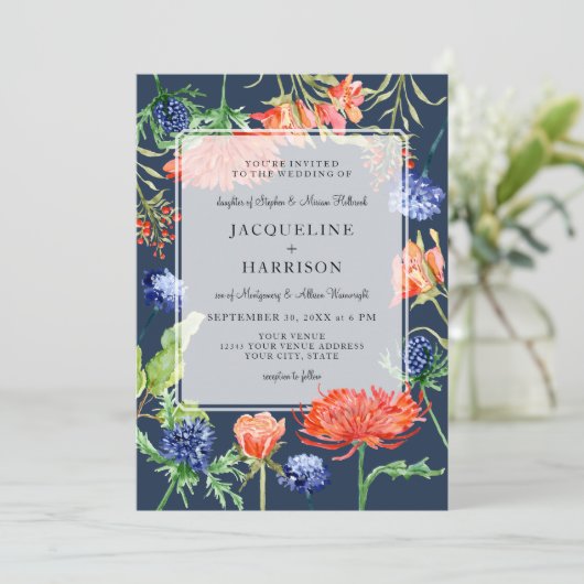 モダンな花の水彩画の夏海軍ミイラのアザミ 招待状 (スタンド正面)