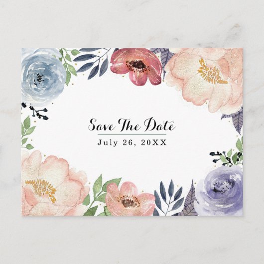 モダンな花の水彩画 エレガントな Save the Date 案内ポストカード (正面)
