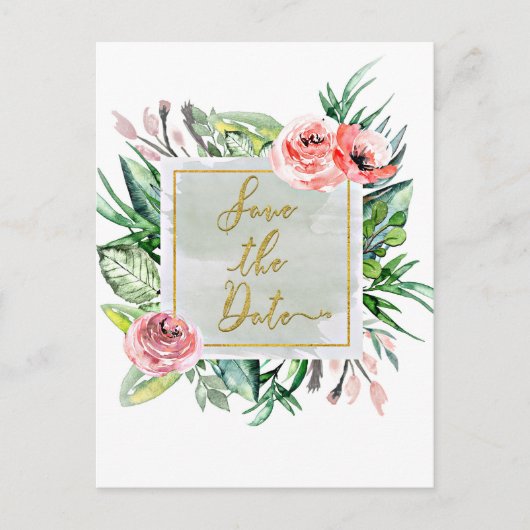 モダンな花の水彩画 Save the Date ウェディング 案内ポストカード (正面)