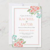 モダンな花の珊瑚およびティール（緑がかった色）の結婚式 招待状 (正面)