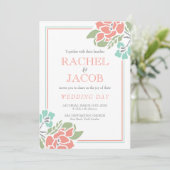 モダンな花の珊瑚およびティール（緑がかった色）の結婚式 招待状 (スタンド正面)