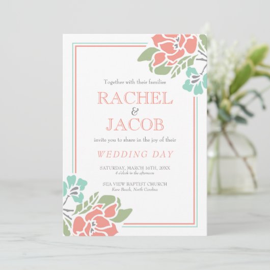モダンな花の珊瑚およびティール（緑がかった色）の結婚式 招待状 (スタンド正面)