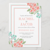 モダンな花の珊瑚およびティール（緑がかった色）の結婚式 招待状 (正面/裏面)