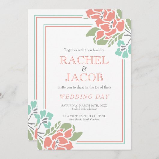 モダンな花の珊瑚およびティール（緑がかった色）の結婚式 招待状 (正面/裏面)