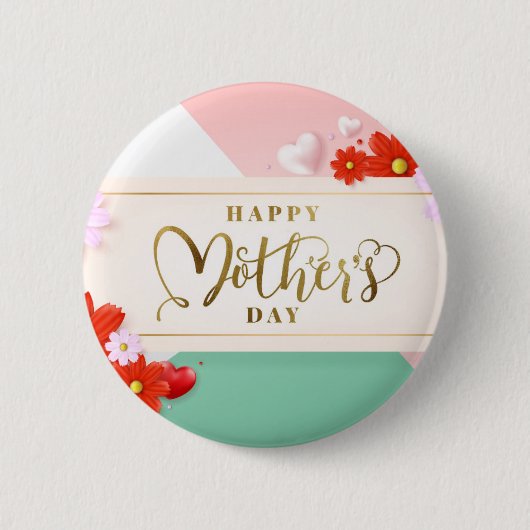 モダンな花の赤面のピンクの緑のホワイトゴールド 缶バッジ (正面)