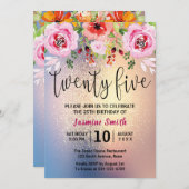 モダンな花の金ゴールドのグリッターの第25誕生日 招待状 (正面/裏面)
