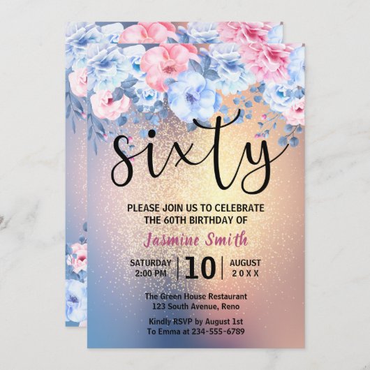 モダンな花の金ゴールドのグリッターの第60誕生日 招待状 (正面/裏面)