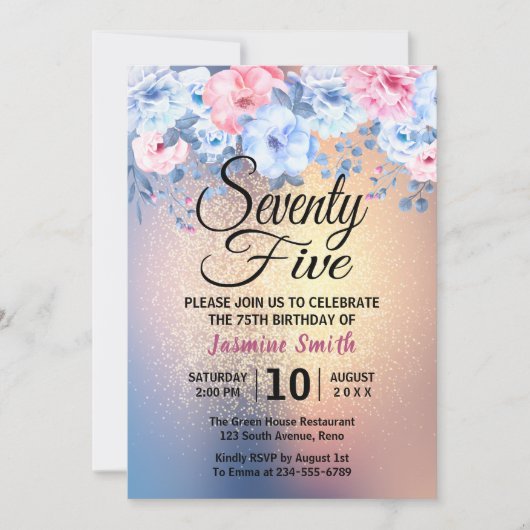 モダンな花の金ゴールドのグリッターの第75誕生日 招待状 (正面)