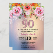 モダンな花の金ゴールドのグリッターの第90誕生日 招待状 (正面/裏面)