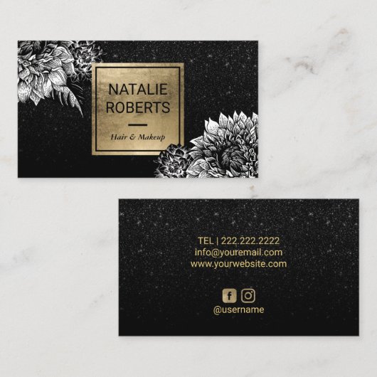 モダンな花の黒いグリッターの美容院 名刺 (正面/裏面)
