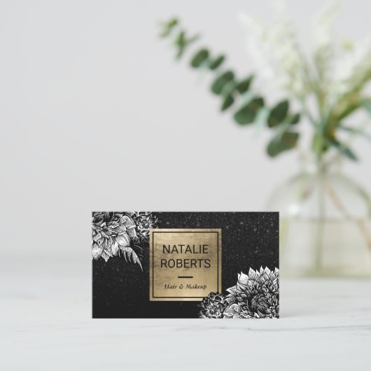 モダンな花の黒いグリッターの美容院 名刺 (スタンド正面)