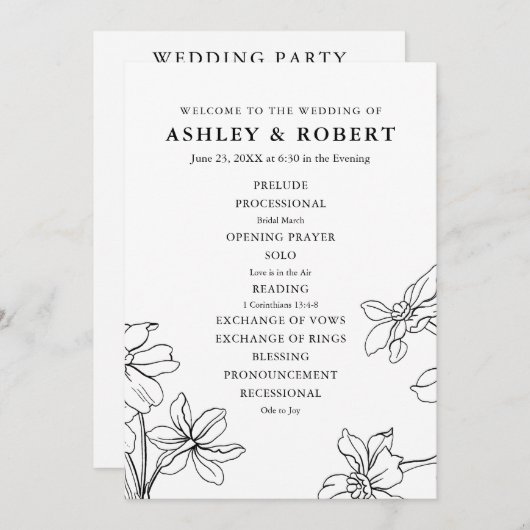 モダンな花の黒と白の結婚式 プログラム (正面/裏面)