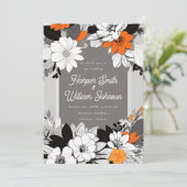 モダンな花の黒、白、オレンジの結婚式 招待状 (スタンド正面)