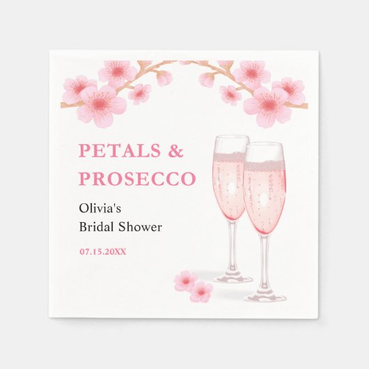 モダンな花びらとプロセッコ ピンクの花のブライダルシャワー スタンダードカクテルナプキン (正面)