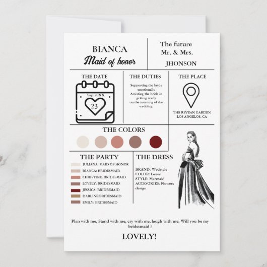 モダンな花嫁の介添え人情報カード 結婚式の仲間カード 招待状 (正面)