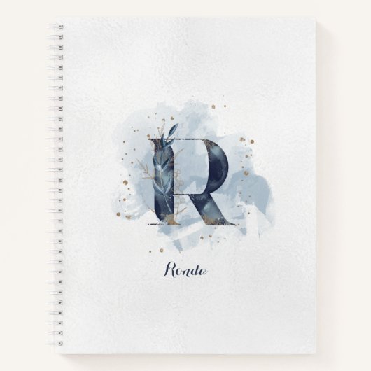 モダンな花柄のイニシャル「R」ブルーゴールド ノートブック (正面)