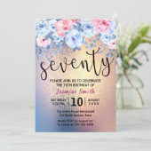モダンな花柄のゴールドグリッター70歳の誕生日 招待状 (スタンド正面)