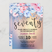 モダンな花柄のゴールドグリッター70歳の誕生日 招待状 (正面/裏面)