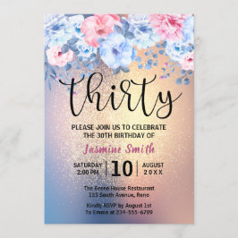 モダンな花柄のゴールドグリッター 30歳の誕生日 招待状