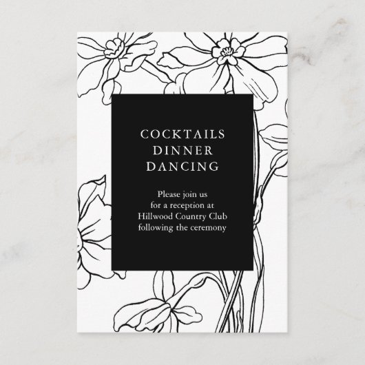 モダンな花柄のブラック＆ホワイトの結婚式の披露宴 エンクロージャーカード (正面)