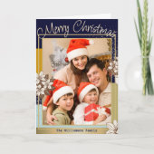 モダンな花柄の青と金の写真 メリークリスマス シーズンカード (正面)