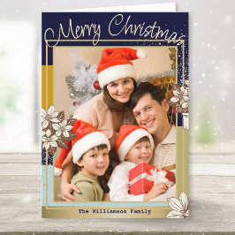 モダンな花柄の青と金の写真 メリークリスマス シーズンカード