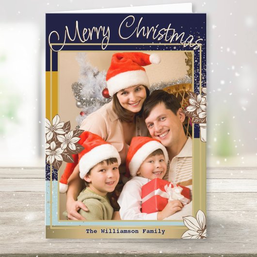 モダンな花柄の青と金の写真 メリークリスマス シーズンカード